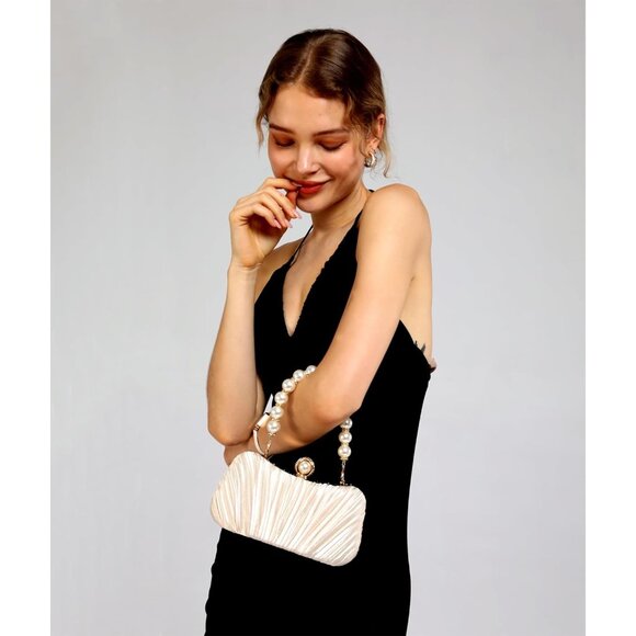 ⚡ Women's White Satin Pearl Evening Chain Strap Shoulder Clutch Handbag - Picture 3 of 8